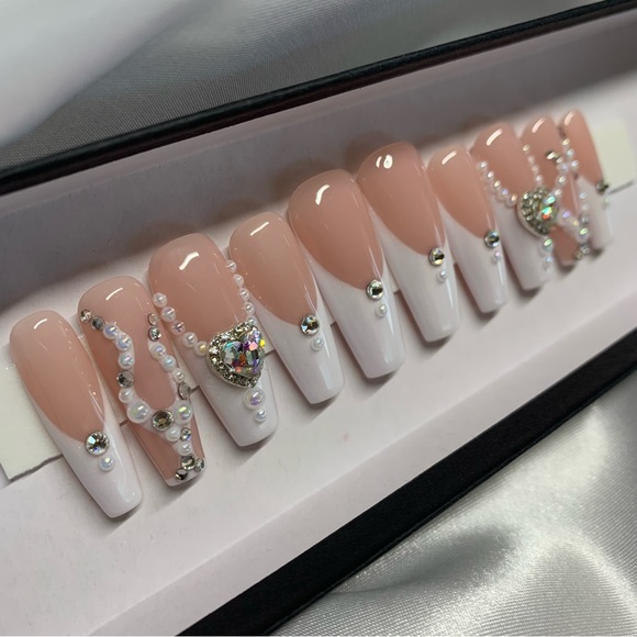 Pearl Flame Iridescent French Tip Luxury Press Ons - Picture 1 of 6